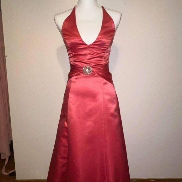 Jessica McClintock for Gunne Sax Coral Pink Halter Gown Dress Size 3/4 - Picture 3 of 14